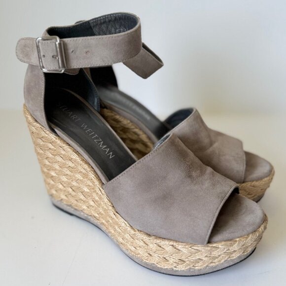 Stuart Weitzman 5.5 Soho Gal Jute Espadrille Taupe Suede Open Toe Boho Sandals - Picture 1 of 16